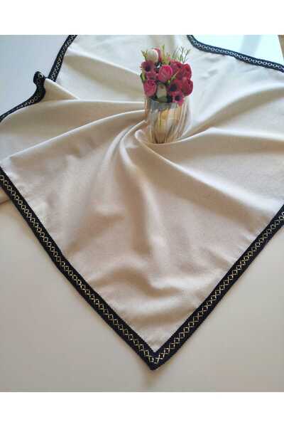 denizli hatırası Organic Authentic Raw Linen Black Gilded Striped Tablecloth