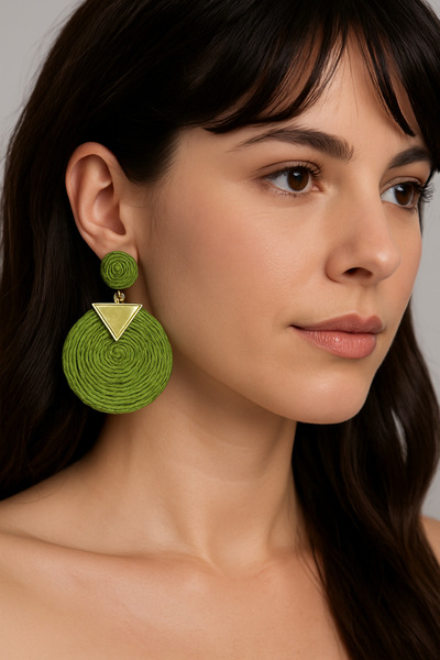 MD Moda Accessories Hasır Yuvarlak Küpe Seti – Yeşil, Turuncu ve Kahverengi