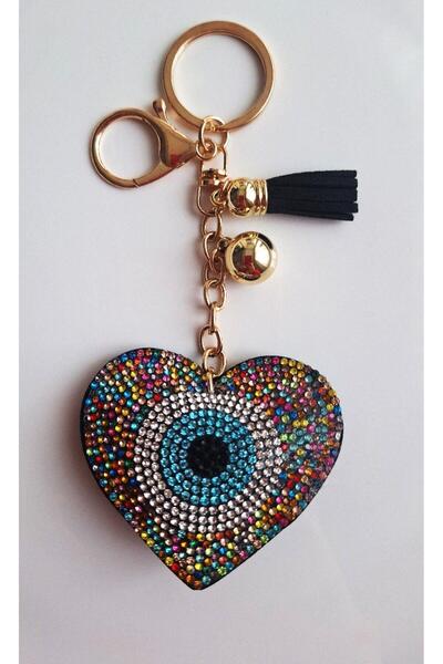 Svc Aksesuar Luxury Gift Zircon Stone Evil Eye Beaded Colorful Heart Keychain - Bag Ornament 14,5X6,5 cm