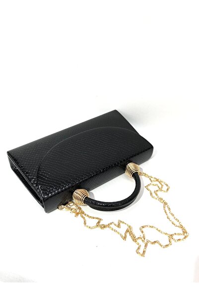 womenacs Black Color Snakeskin Material Evening Dress Portfolio Handbag and Long Strap (Chain Strap) Women's Bag
