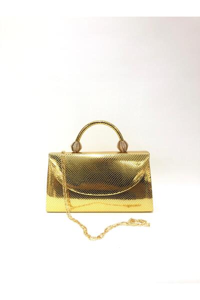 womenacs Gold Color Snakeskin Material Evening Dress Portfolio Handbag with Long Strap (Chain Strap) Women's Bag