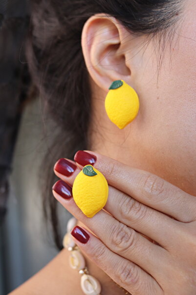 Gizy Store Polimer Kil Sarı Limon Küpe Altın Kaplama Anti Alerjik Kadın Küpe Çivili