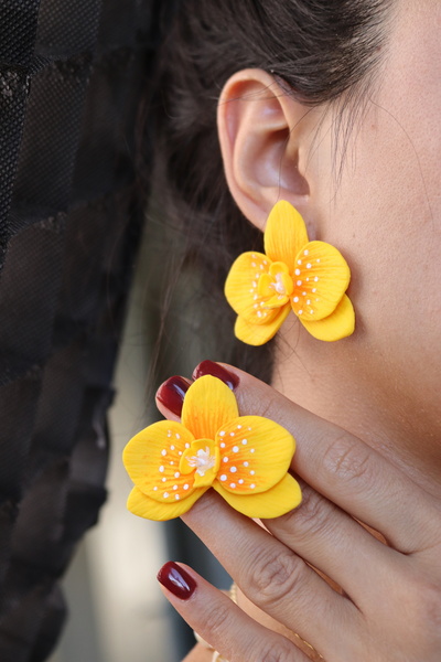 Gizy Store Polimer Kil Orkide Küpe Özel Tasarım Altın Kaplama