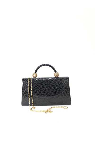 womenacs Black Color Snakeskin Material Evening Dress Portfolio Handbag and Long Strap (Chain Strap) Women's Bag