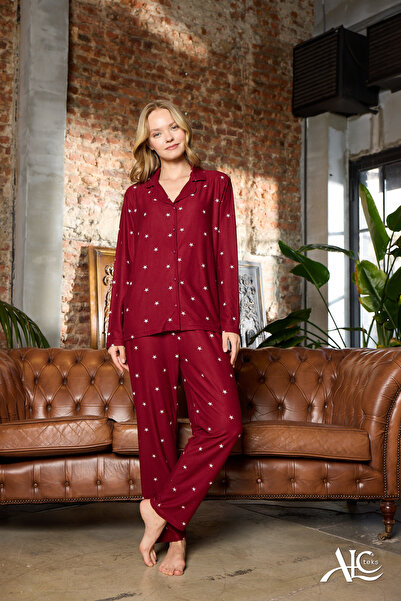 alc teks Women's Pajama Set Star Patterned Buttoned Long Sleeve Burgundy Color Pocket Detailed Suede