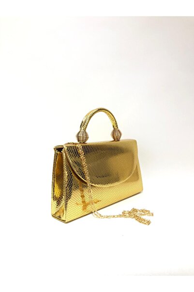 womenacs Gold Color Snakeskin Material Evening Dress Portfolio Handbag with Long Strap (Chain Strap) Women's Bag