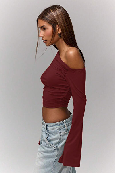 ecemore Asymmetrical Neckline Drawstring Detail One Shoulder Spanish Sleeve Burgundy Crop Blouse Top