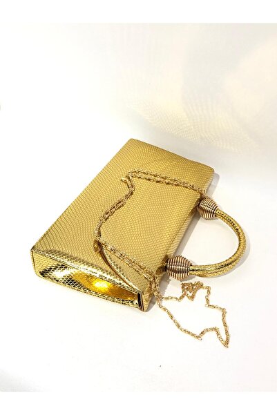 womenacs Gold Color Snakeskin Material Evening Dress Portfolio Handbag with Long Strap (Chain Strap) Women's Bag