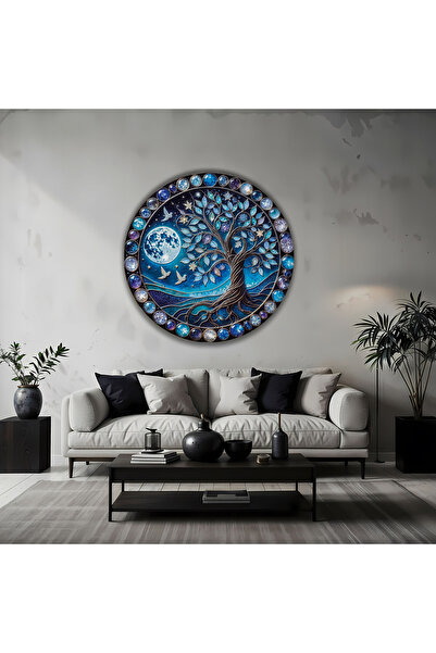 BestSanat Yuvarlak Cam Tablo – Hayat Ağacı ve Ay Desenli Temperli Cam Duvar D...
