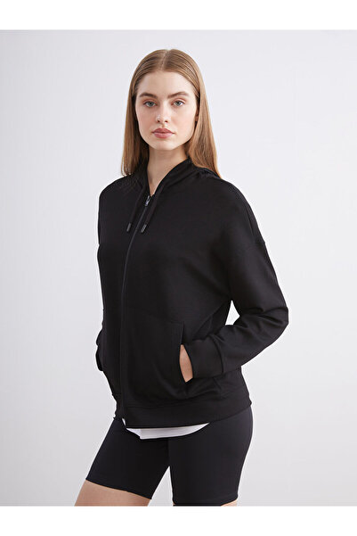 LC Waikiki Black Hooded Soft Touch Women's Zippered Sweatshirt