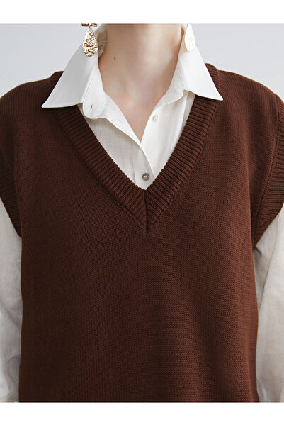 LC Waikiki Brown V-Neck Women's Knitwear Sweater