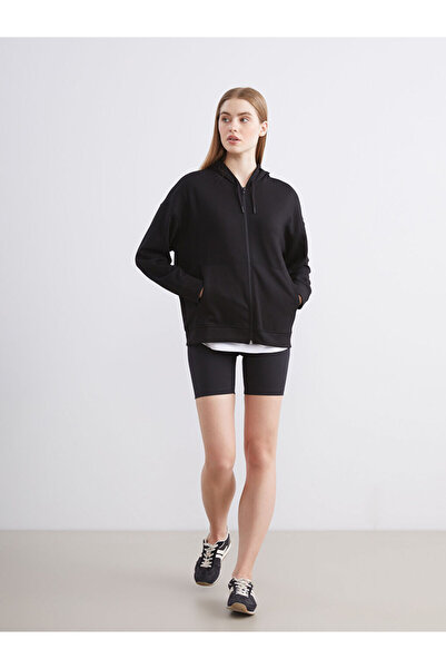 LC Waikiki Black Hooded Soft Touch Women's Zippered Sweatshirt