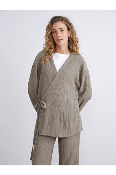 LC Waikiki Khaki Double-Breasted Collar Textured Oversize Women's Kimono