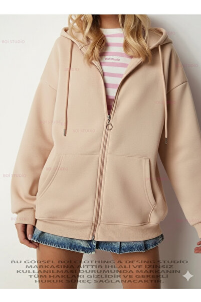 Boi Kalın Oversize Unisex 3 iplik Kışlık Fermuarlı Kapşonlu Hırka- Premium Ka...