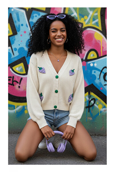 NİLZA cardigan cu detalii de struguri, tricotat manual, cu design special