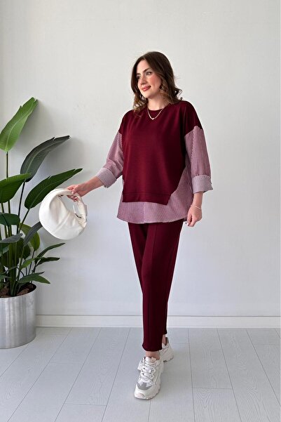 MaziButik Shirt Detail Modal Suit Burgundy