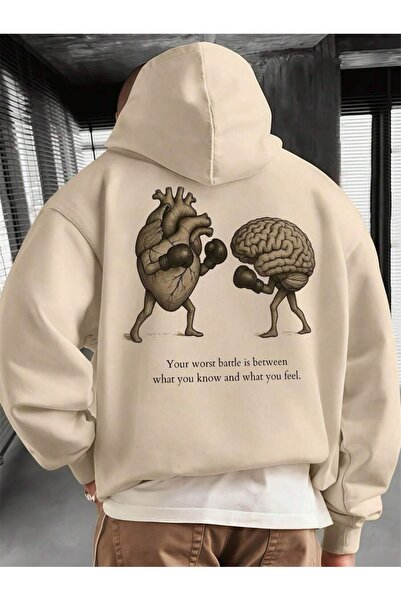 OVER HEAD Muška bež majica sa kapuljačom sa srčanim i moždanim motivima Štamp...