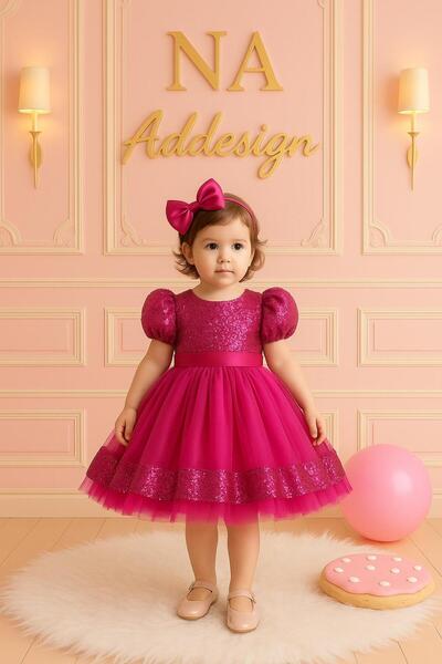 NA ADDESIGN Girl's Fuchsia Sequined Puffy Evening Dress – Birthday and Special Occasion Dress, Sparkling Puffy Evening Dress