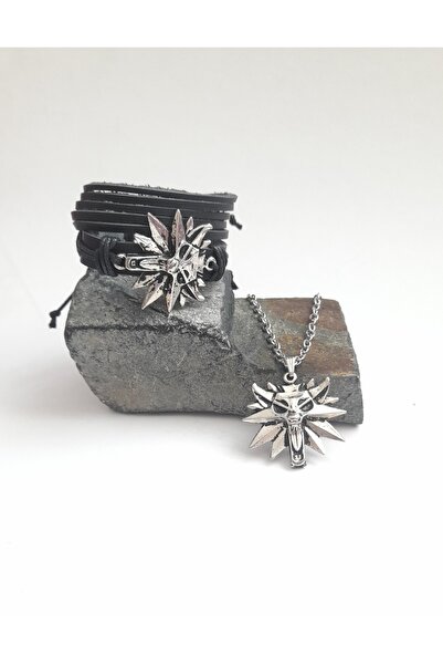 BSN Store طقم هدايا مكون من 3 قطع من الأساور والقلادات المصنوعة من الجلد الطبيعي مع تماثيل الذئاب