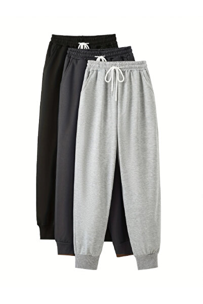 SURMARİ Set of 3 3 Pcs Black Navy Blue Gray Unisex Regular Leg Ribbed Sweatpants