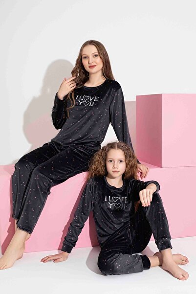 Mine style Velvet Anthracite Heart Patterned İ Lavo Yuo Injection Printed Winter French Velvet Pajama Set