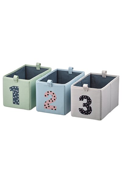IKEA BARNDRÖM Box, set of 3, green blue/beige, 17 x 27 x 17 cm