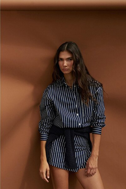 MARKALİSTE Striped Mini Shorts Skirt Navy Blue