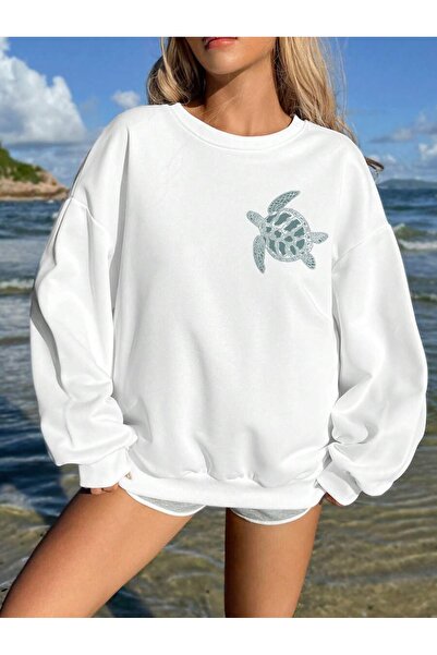 OVER HEAD Turtleneck alb pentru femei cu imprimeu guler rotund Swea tricou