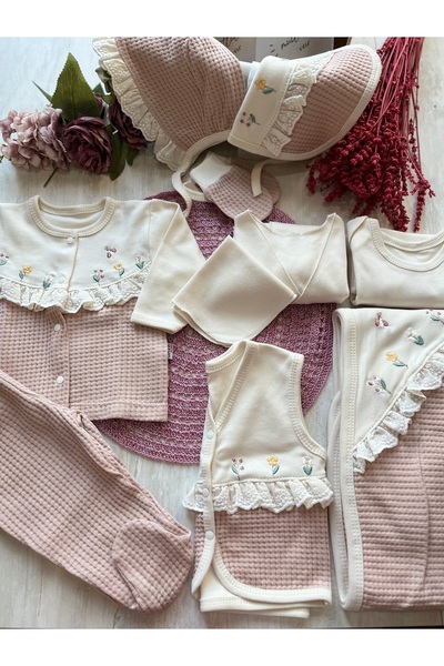 Gaye Bebe Çiçek Nakışlı Waffle Dokulu 0-3Ay 10'lu Set Kız Bebek Hastane Çıkış...