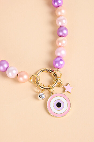 BEAD COLLAR MOR PEMBE İNCİ NAZAR CHARMLI KEDİ KÖPEK TASMASI / KOLYESİ