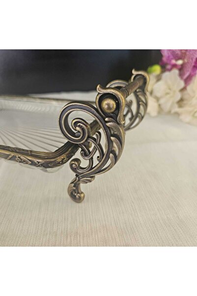 MaviDamla Cast Metal Frame Glass Presentation Plate 37*20 cm Antique Yellow