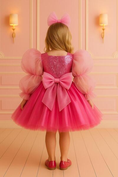 NA ADDESIGN Fuchsia Sequined Balloon Sleeve Tutu Girls' Party and Birthday Dress
