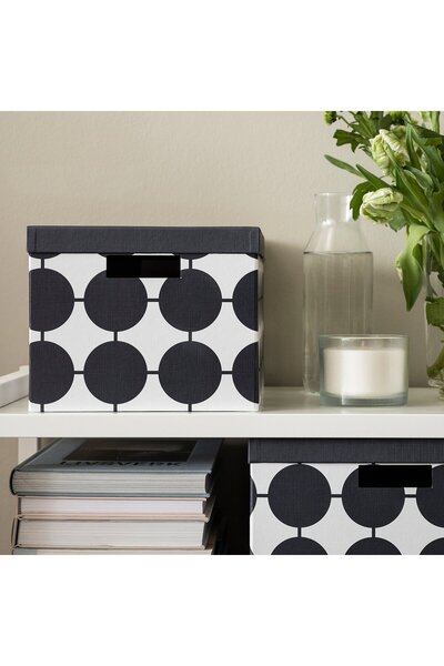 IKEA TJENA Storage box with lid, white black/dotted, 25 x 35 x 20 cm