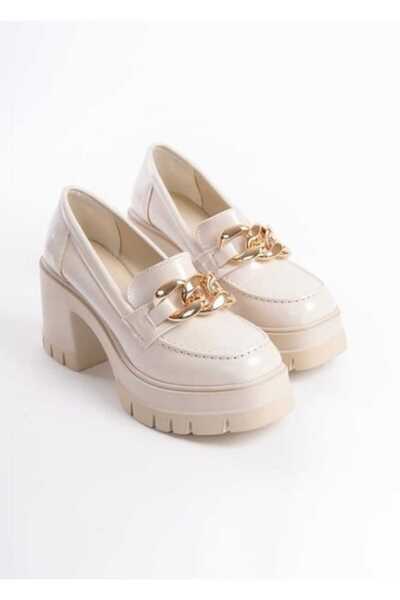 bescobel Women's Konsa Beige Patent Leather High Heel Leofer Shoes