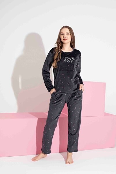 Mine style Velvet Anthracite Heart Patterned İ Lavo Yuo Injection Printed Winter French Velvet Pajama Set