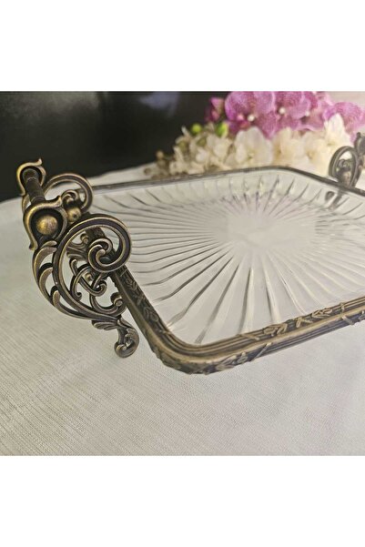 MaviDamla Cast Metal Frame Glass Presentation Plate with Handle 19*19 Square Antique