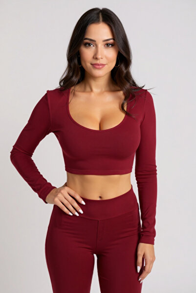 evolise Women's Burgundy Long Sleeve Square Neck Crop Top Blouse