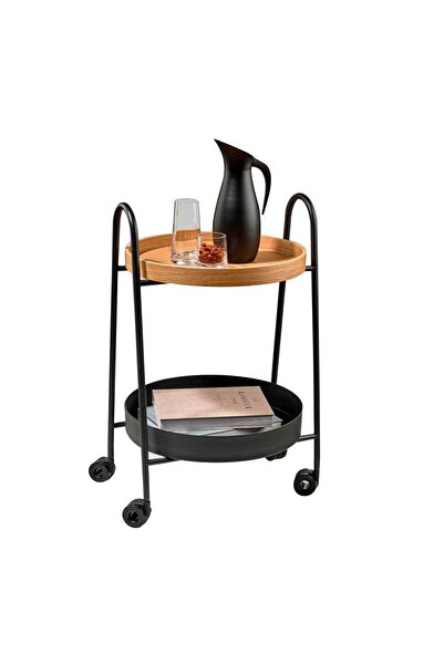 FRANDIS Serving Table with Metal Structure and Detachable Bamboo Tray, Frandis, 41.5x45x76 cm, Black/