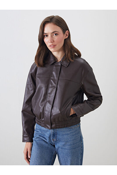 LC Waikiki Brown Shirt Collar Women's Leather Look Jacket