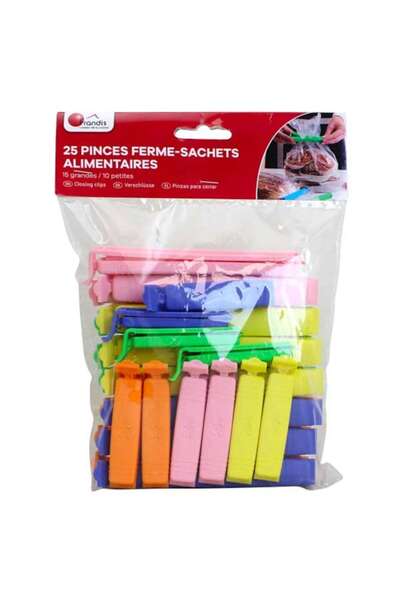 FRANDIS Set 25 sealing clips for food bags, Frandis, 10x6.5 cm and 15x11 cm, multicolor plastic