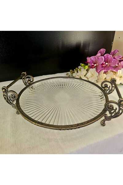 MaviDamla Metal Cast Frame Glass Presentation Plate with Handle Round 31.cm Antique