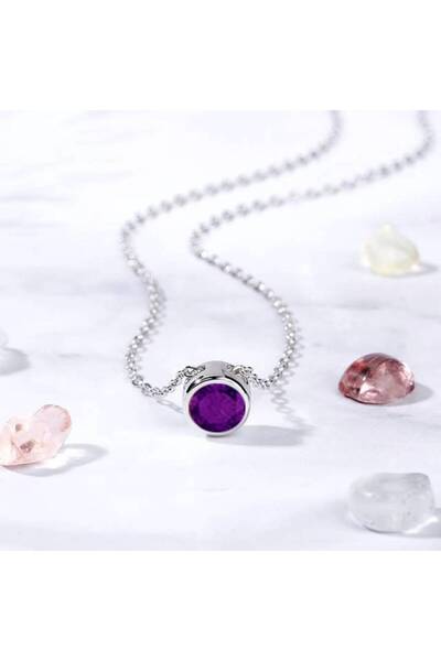 KESNUP Κολιέ Αμέθυστος Φεβρουαρίου με Μωβ Κρύσταλλο Ασημιού