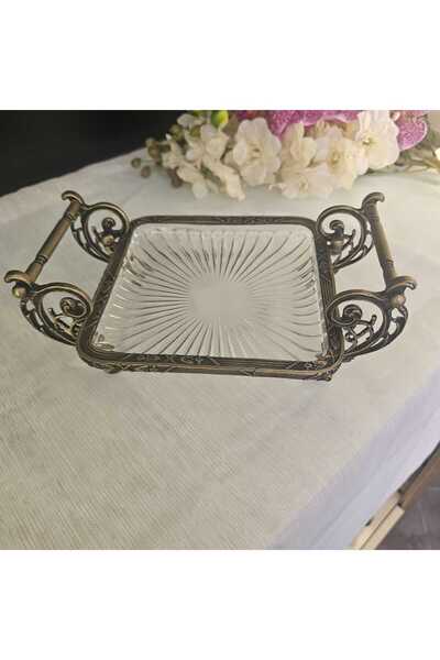 MaviDamla Cast Metal Frame Glass Presentation Plate with Handle 19*19 Square Antique