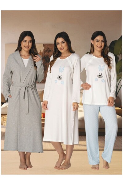 Lohusa Homewear Kadın Mavi Uzun Kollu Özel Tasarım Kışlık Pamuklu Hamile Lohu...