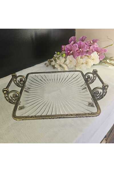 MaviDamla Metal Cast Frame Glass Presentation Plate with Handle Square 25*25 Antique