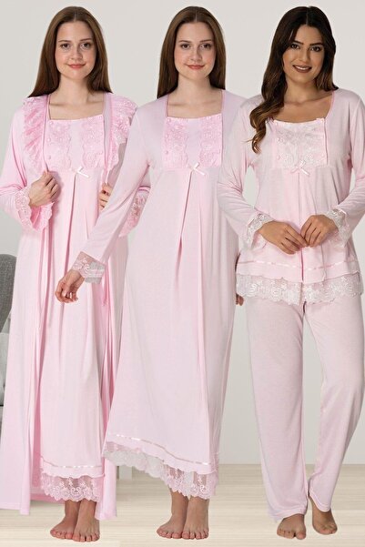 Lohusa Homewear Set de pijamale pentru femei, roz din dantelă, cu mâneci lung...