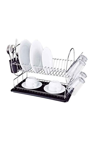 FRANDIS Dish Rack with Tray and Cutlery Holders, Frandis, 2 Tiers, 50x23.5x36 cm, Chrome Metal/Black PP
