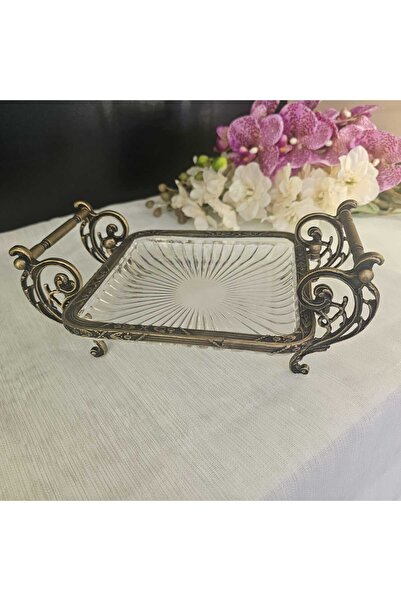 MaviDamla Cast Metal Frame Glass Presentation Plate with Handle 19*19 Square Antique