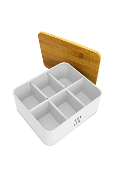 FRANDIS Tea box, metal with bamboo lid, Frandis, 18x15x8 cm, 6 compartments, white