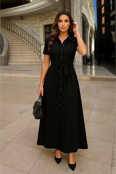 Viyamo Women's Short Sleeve Collared Front Buttoned Waist Belted Imported Linen Dress